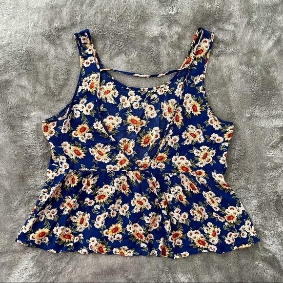 Navy Blue Sunflower Print Peplum Tank Top - Picture 3 of 5